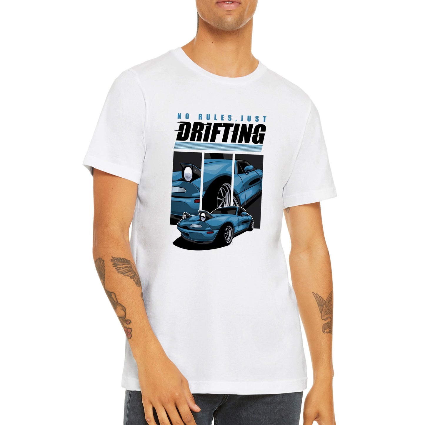 Car T-Shirt - Retro Drifting No Rules Artwork - Premium Unisex T-Shirt
