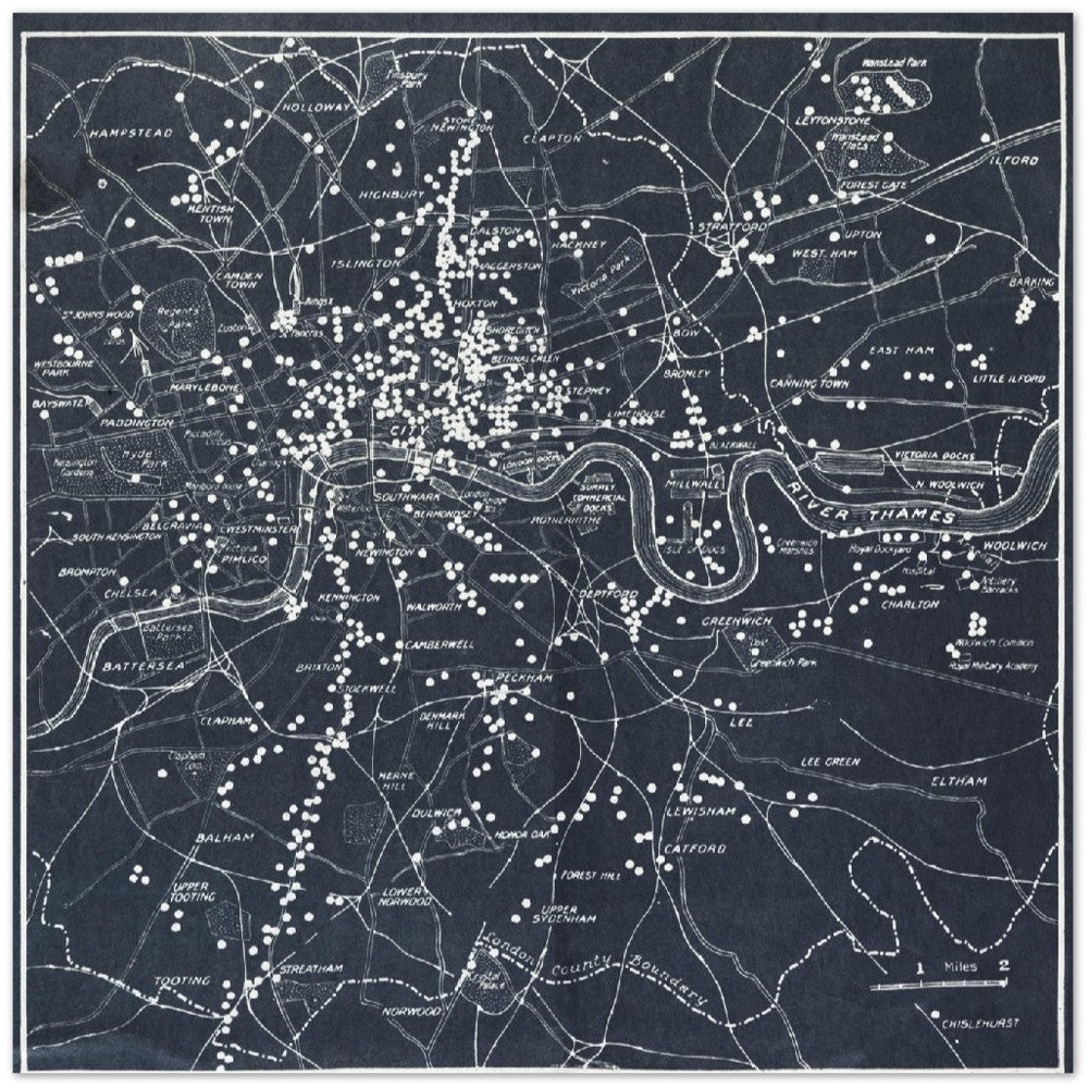 Plakat - London Kort Over Zeppelin og Flybomber (1919 ) Premium Mat Papir