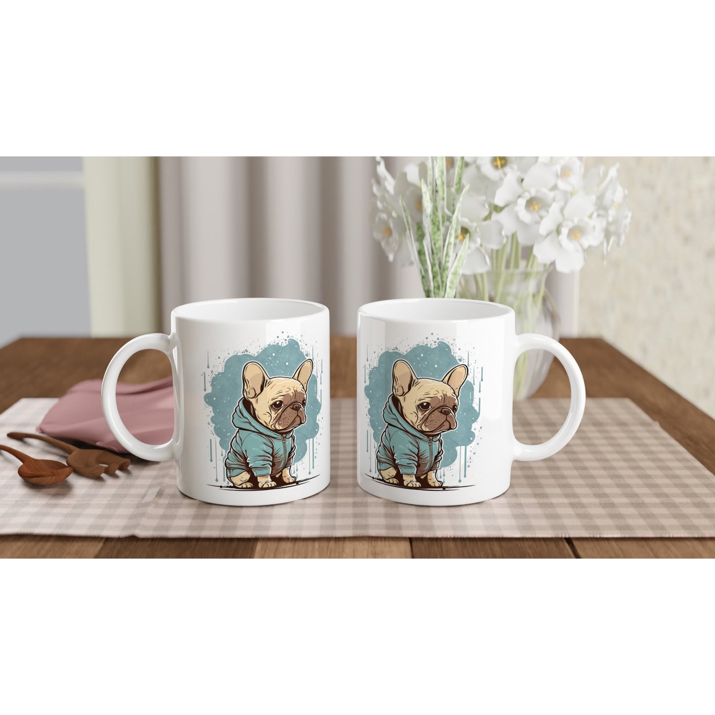 Kaffeetasse – Light French Bulldog Light Hoodie Artwork – Weiße 330 ml Keramiktasse