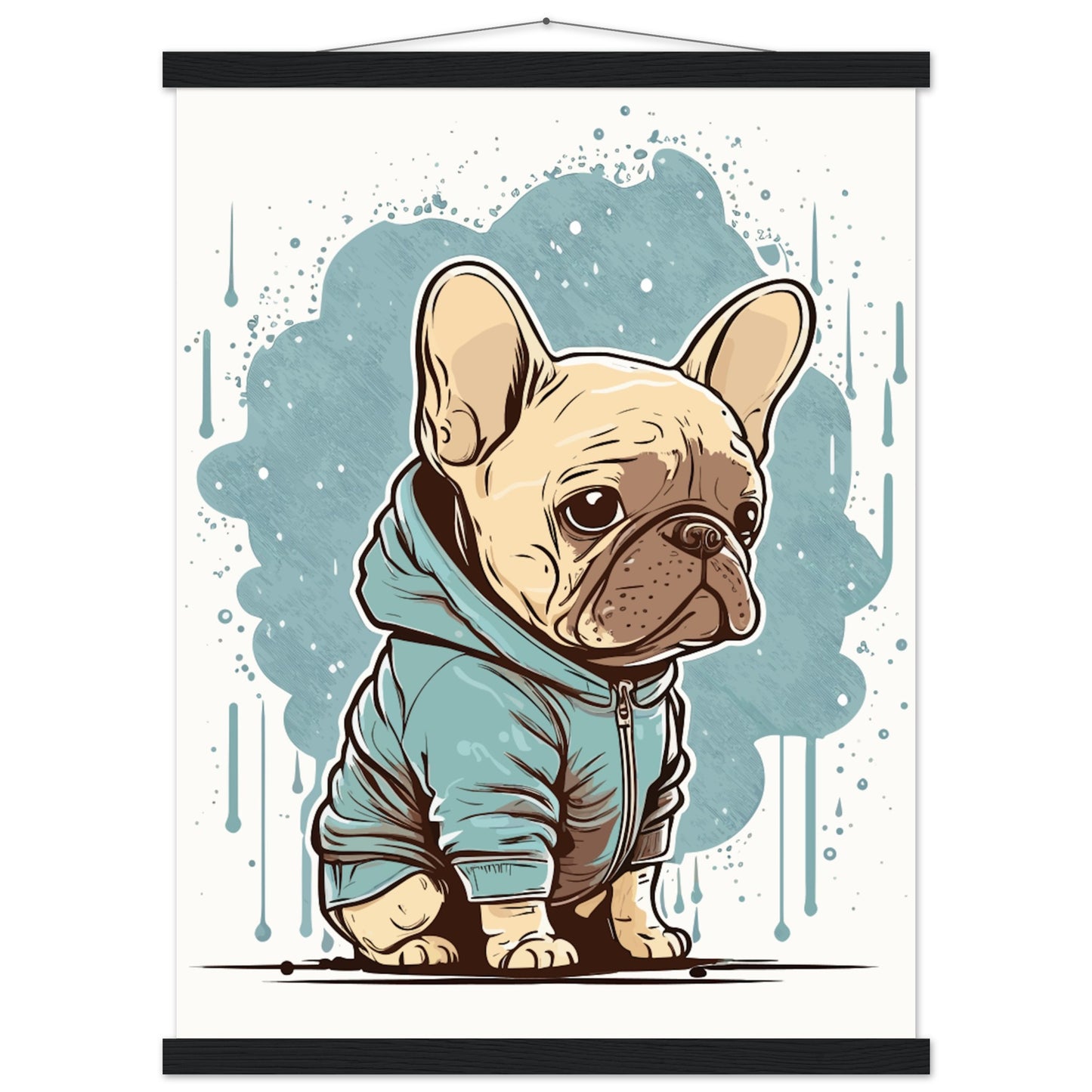 Hundeposter – Süße französische Bulldogge mit hellem Kapuzenpullover – Premium-Matt-Poster mit Aufhänger 