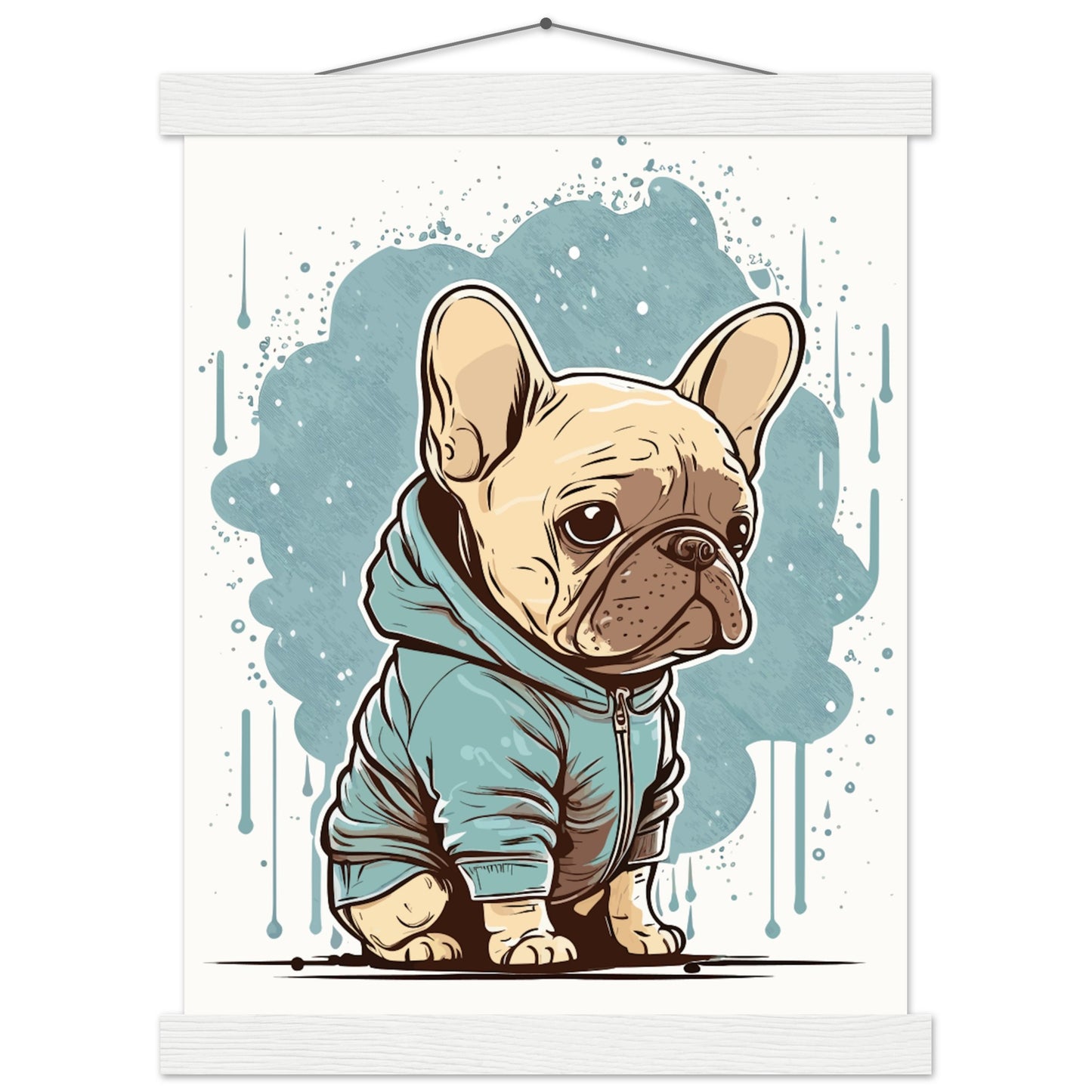 Hundeposter – Süße französische Bulldogge mit hellem Kapuzenpullover – Premium-Matt-Poster mit Aufhänger 