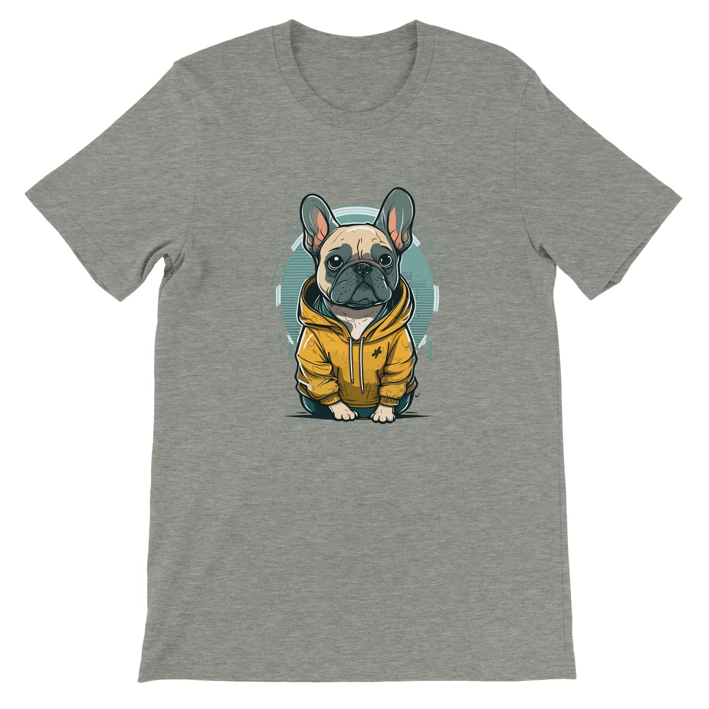 Hunde-T-Shirt – Französische Bulldogge, helles und gelbes Kapuzen-Kunstwerk – Premium-Unisex-T-Shirt 