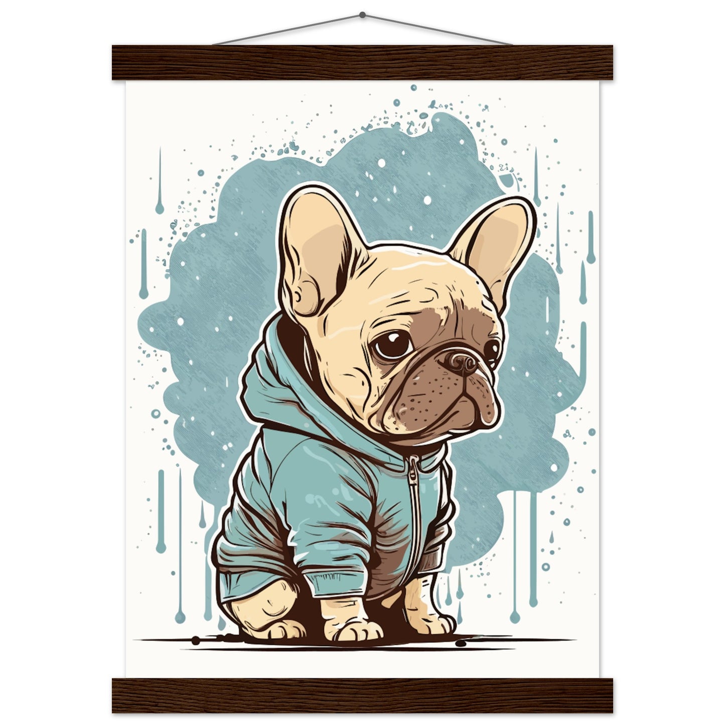 Hundeposter – Süße französische Bulldogge mit hellem Kapuzenpullover – Premium-Matt-Poster mit Aufhänger 