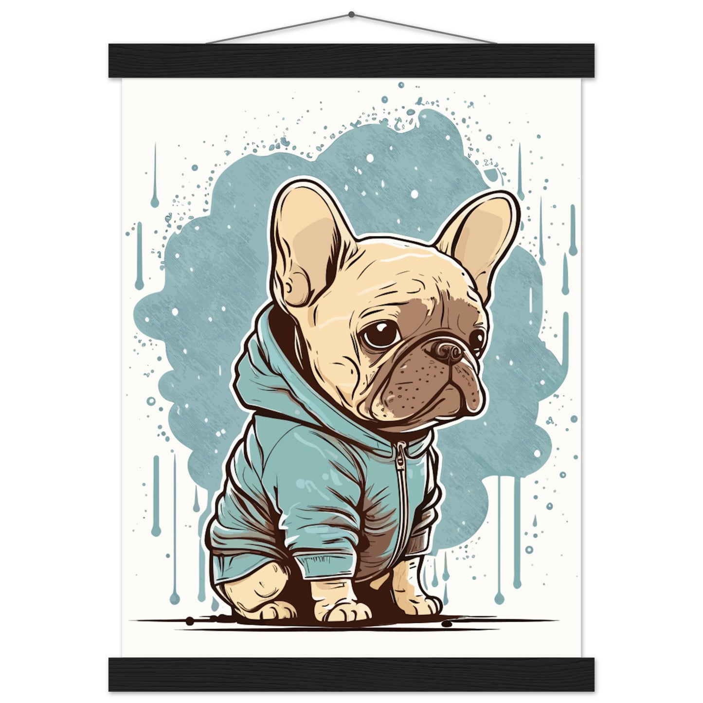 Hundeposter – Süße französische Bulldogge mit hellem Kapuzenpullover – Premium-Matt-Poster mit Aufhänger 