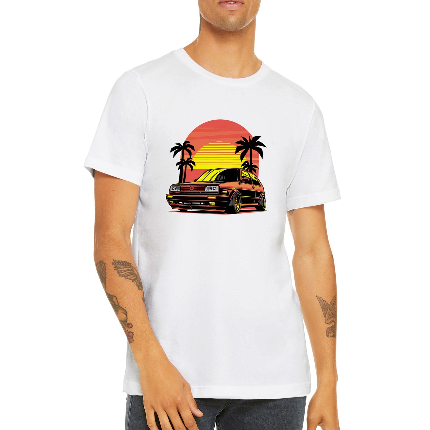 Auto-T-Shirt – VW Golf California Sunset Artwork – Premium Unisex T-Shirt 