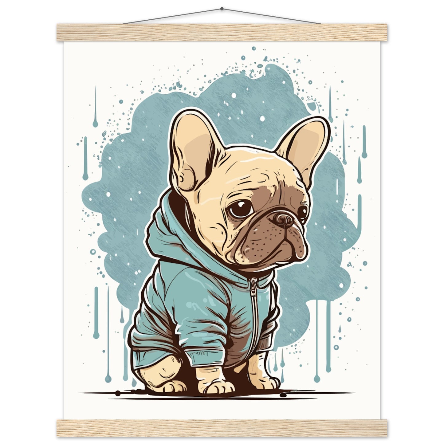 Hundeposter – Süße französische Bulldogge mit hellem Kapuzenpullover – Premium-Matt-Poster mit Aufhänger 