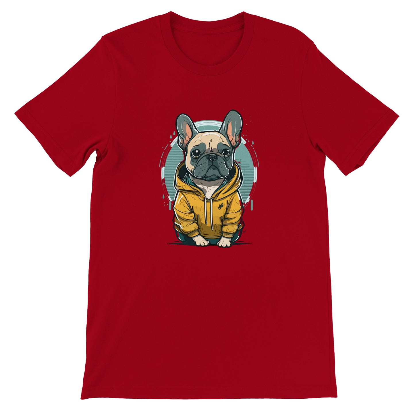 Hunde-T-Shirt – Französische Bulldogge, helles und gelbes Kapuzen-Kunstwerk – Premium-Unisex-T-Shirt 