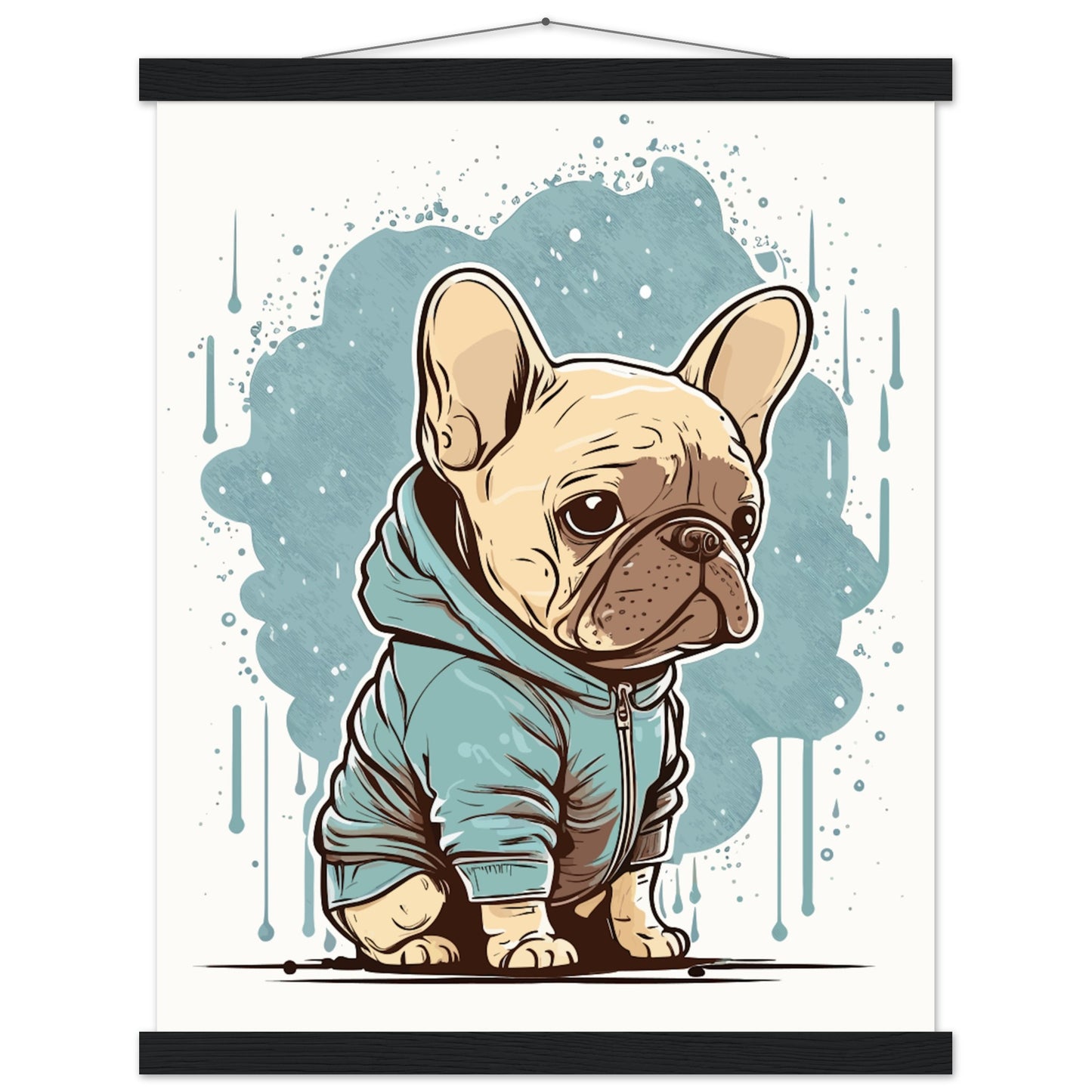 Hundeposter – Süße französische Bulldogge mit hellem Kapuzenpullover – Premium-Matt-Poster mit Aufhänger 