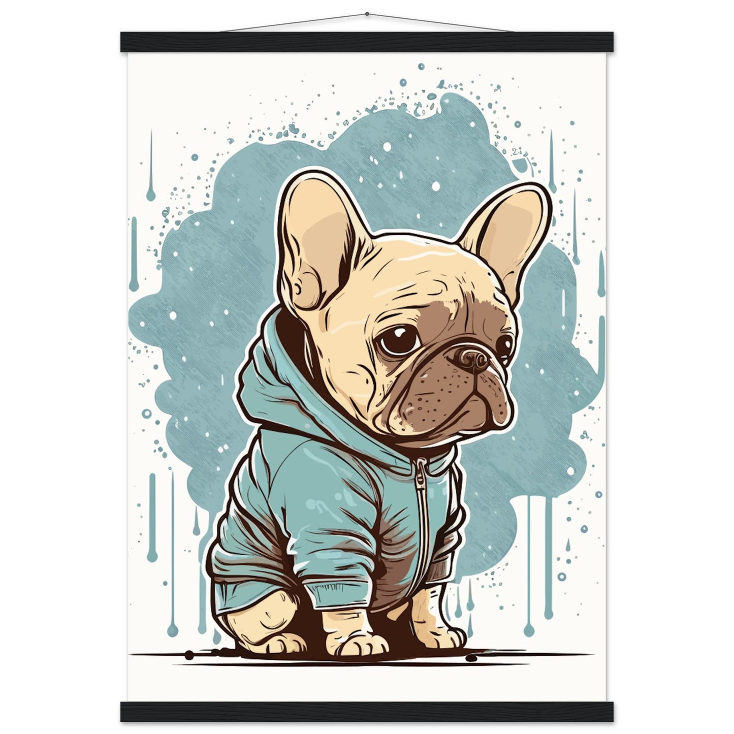 Hundeposter – Süße französische Bulldogge mit hellem Kapuzenpullover – Premium-Matt-Poster mit Aufhänger 