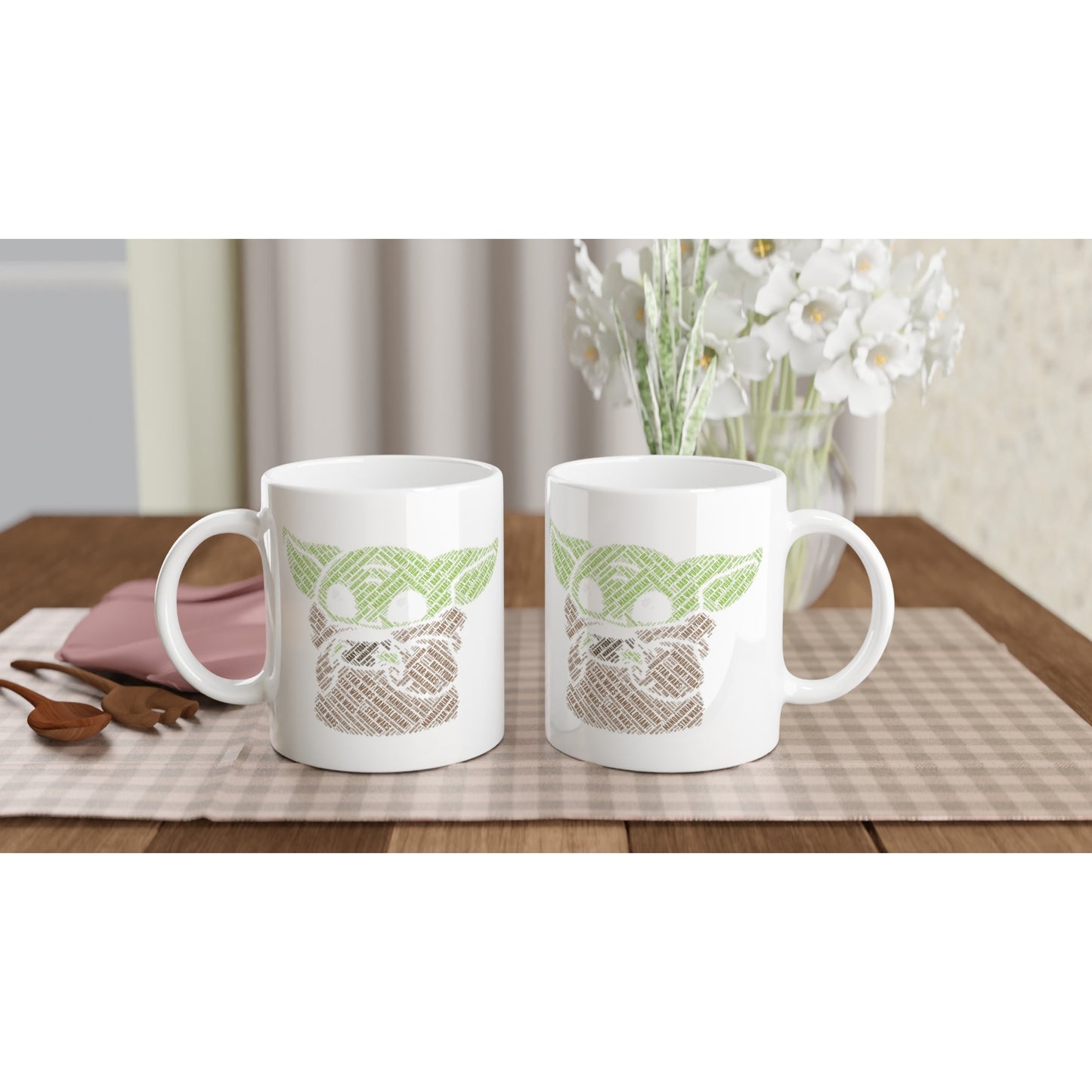 Kaffeetasse – Baby Yoda Kalligram-Kunstwerk – weiße Keramiktasse, 330 ml 