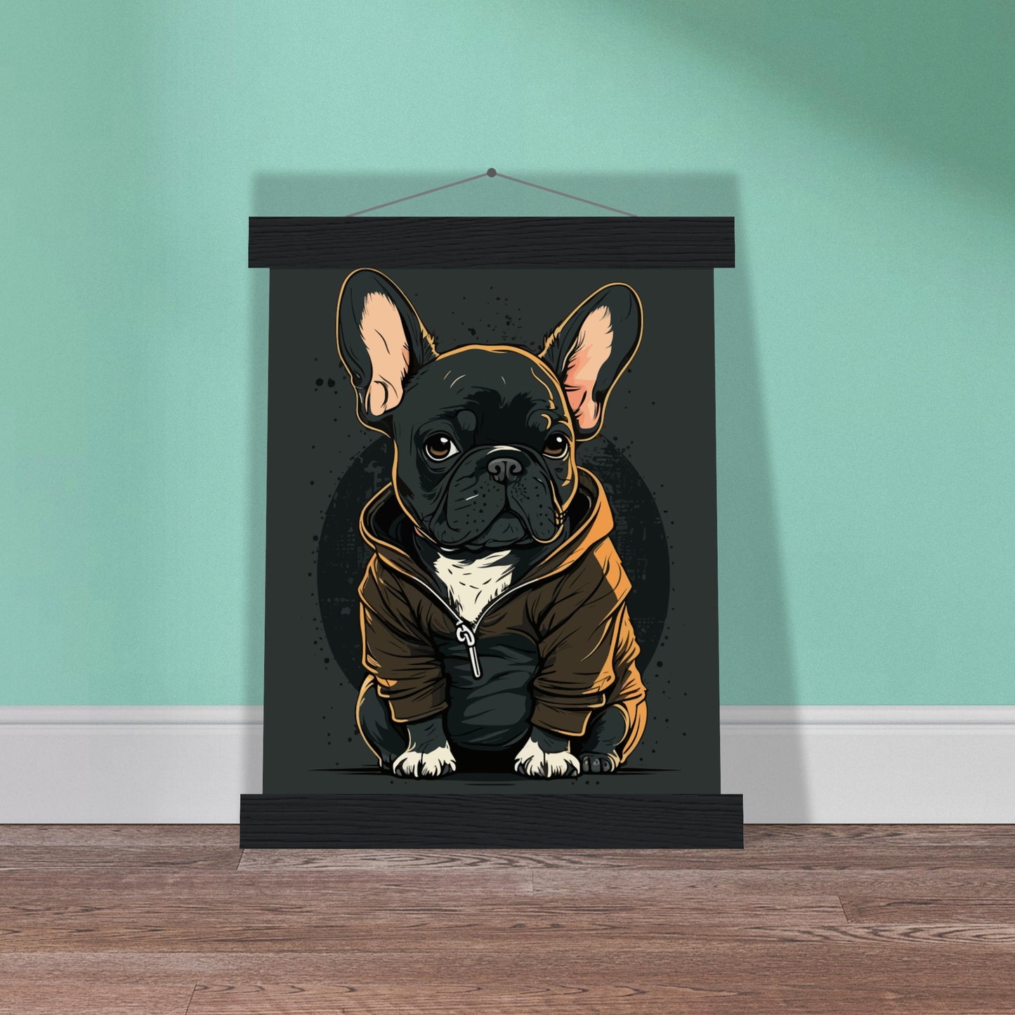 Poster – Französische Bulldogge, dunkles Hoodie-Kunstwerk – Premium-Mattpapier mit Aufhänger 