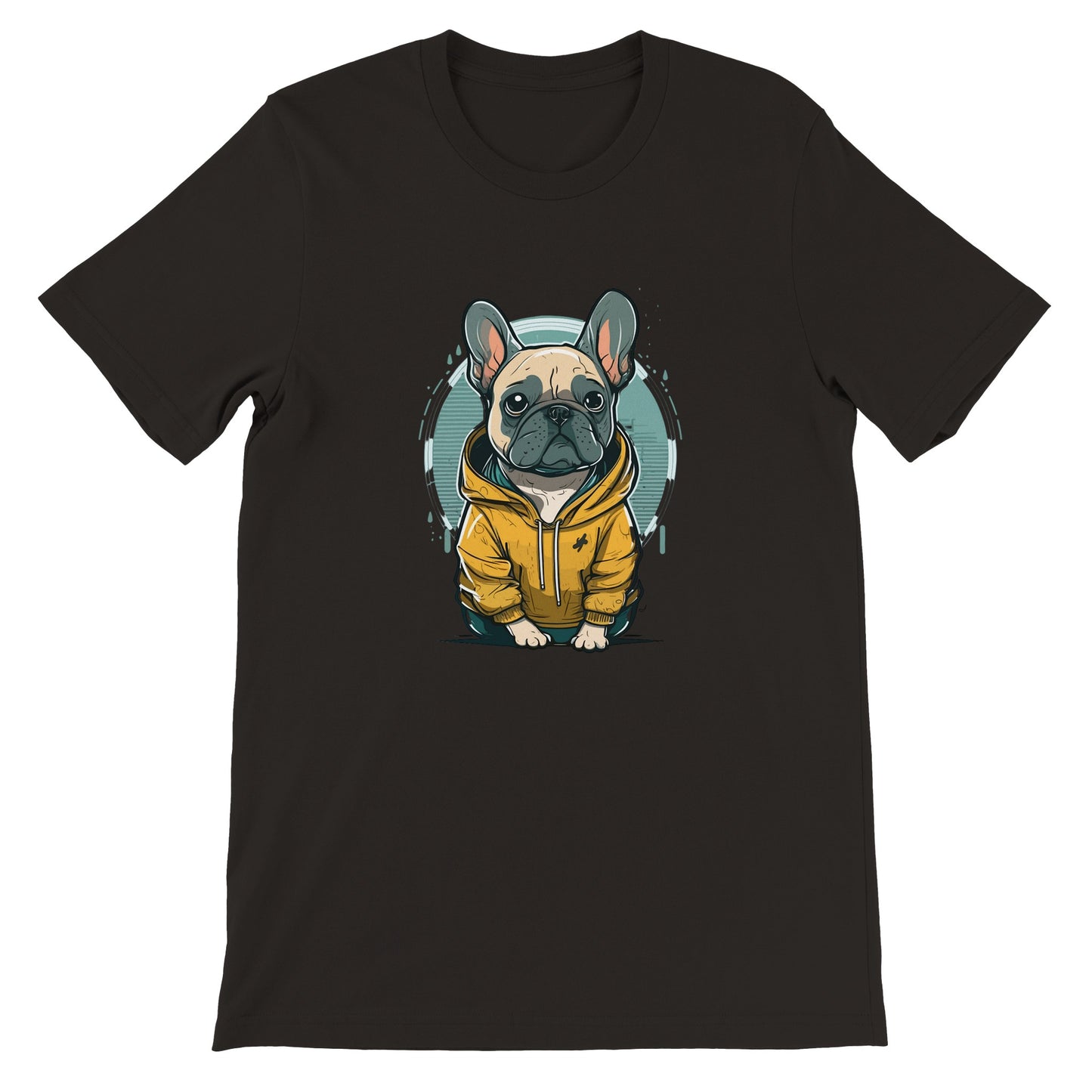 Hunde-T-Shirt – Französische Bulldogge, helles und gelbes Kapuzen-Kunstwerk – Premium-Unisex-T-Shirt 