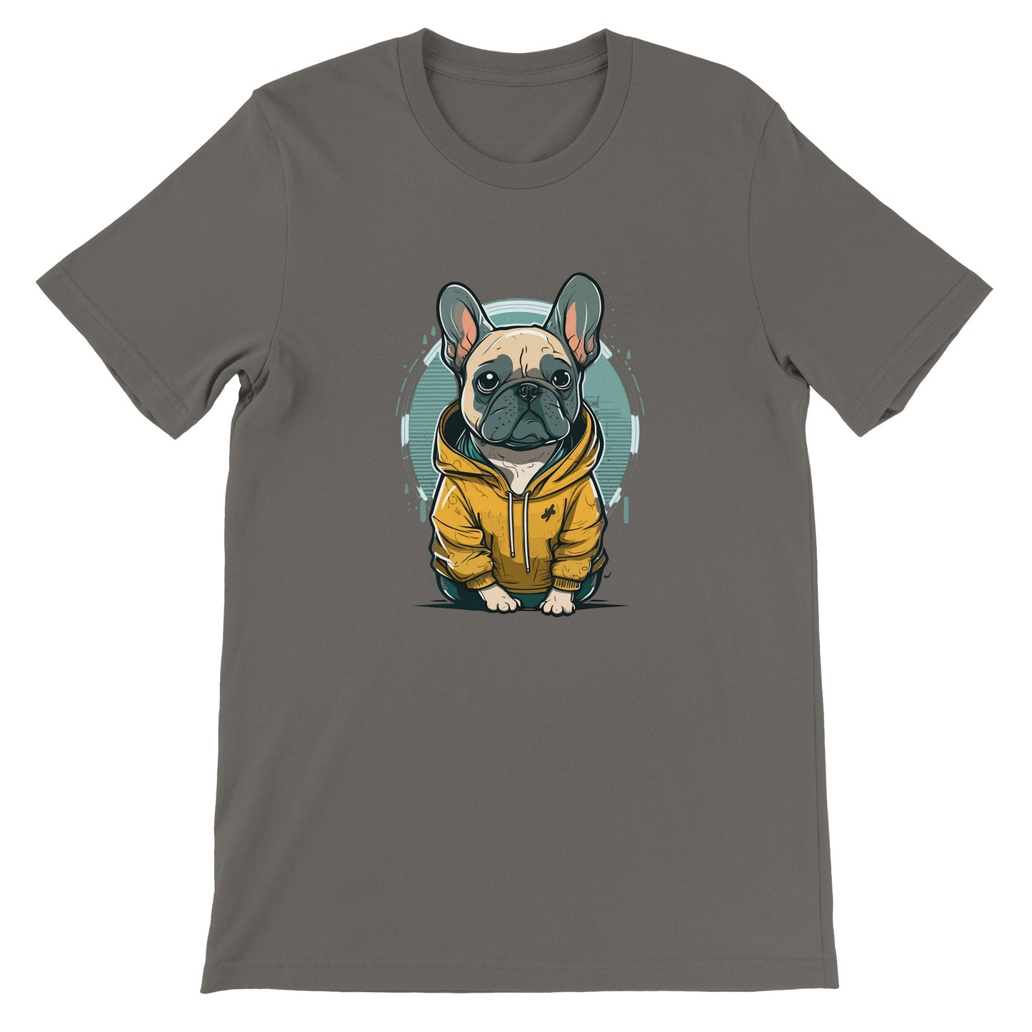 Hunde-T-Shirt – Französische Bulldogge, helles und gelbes Kapuzen-Kunstwerk – Premium-Unisex-T-Shirt 