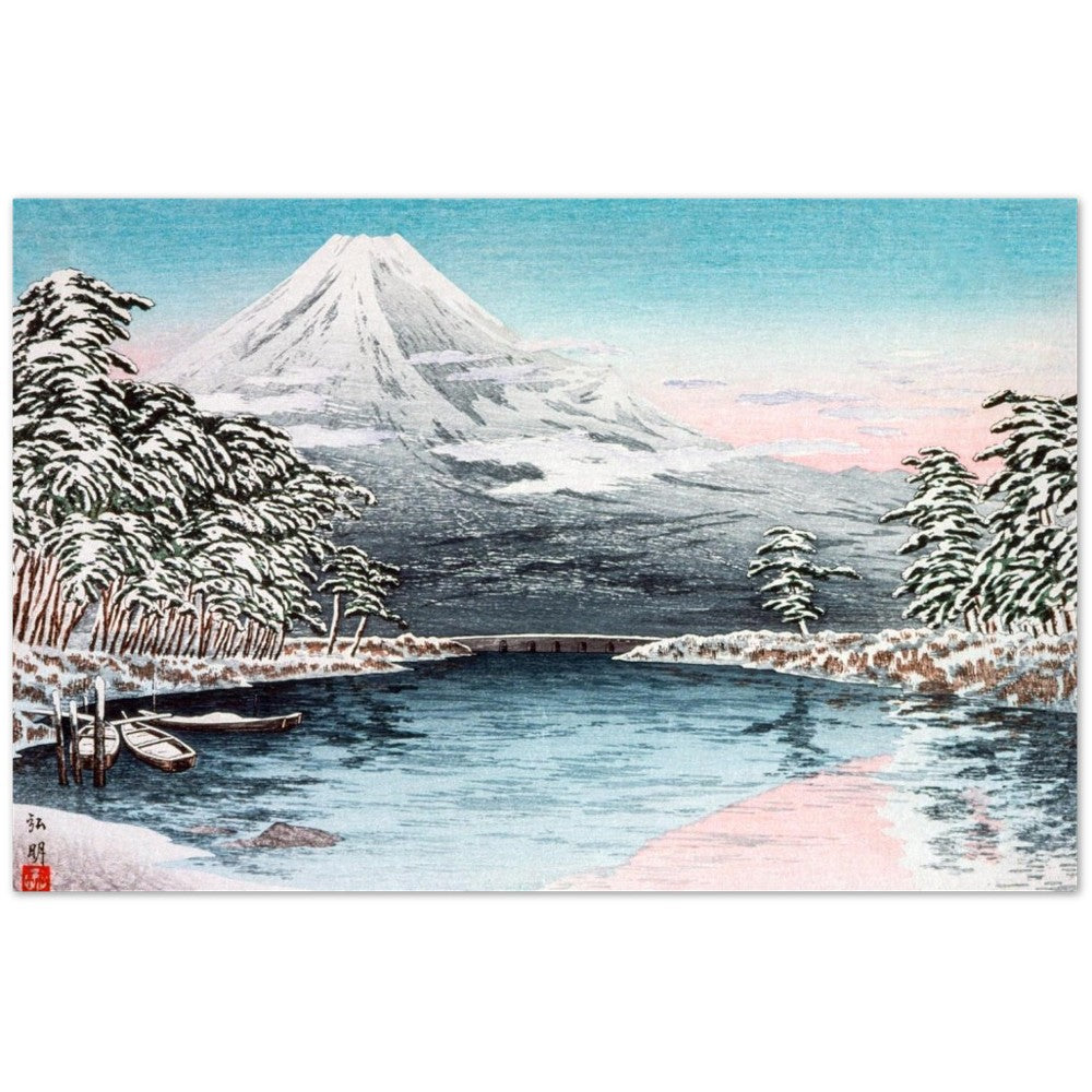 Plakat Mt. Fuji fra Tagonoura, Snow Scene (1932) af Hiroaki Takahashi