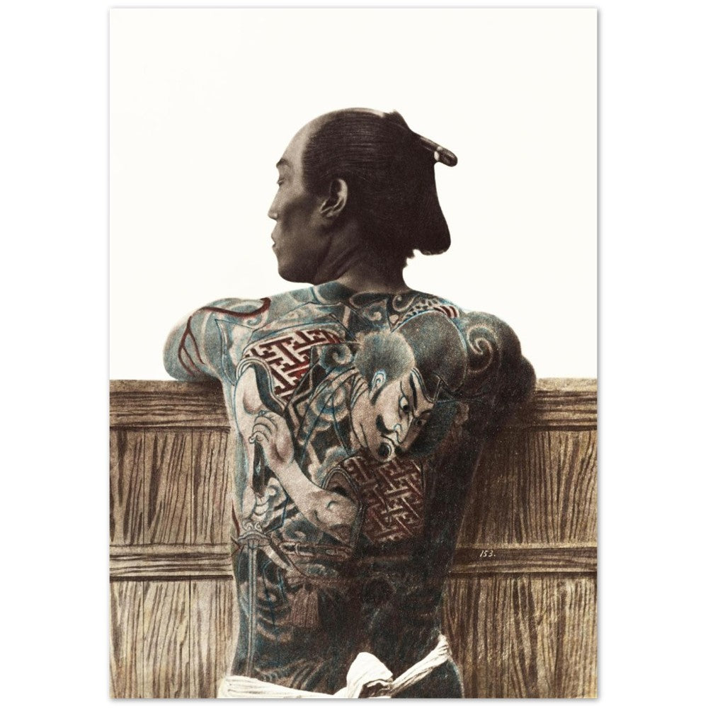 Plakat tatoveret japansk mand med tatovering (Ca. 1870-1890) af Kusakabe Kimbei